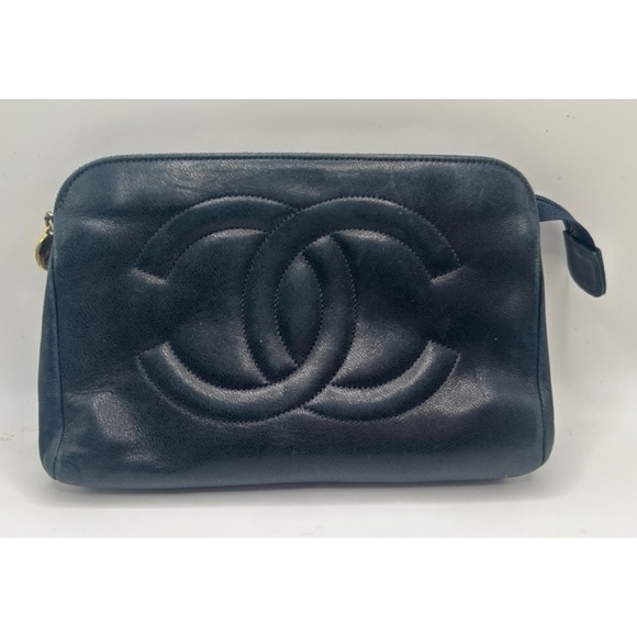 CHANEL Caviar Leather Logo Large CC Zip Top Pouch Clutch Bag Vintage Authentic - Picture 1 of 16